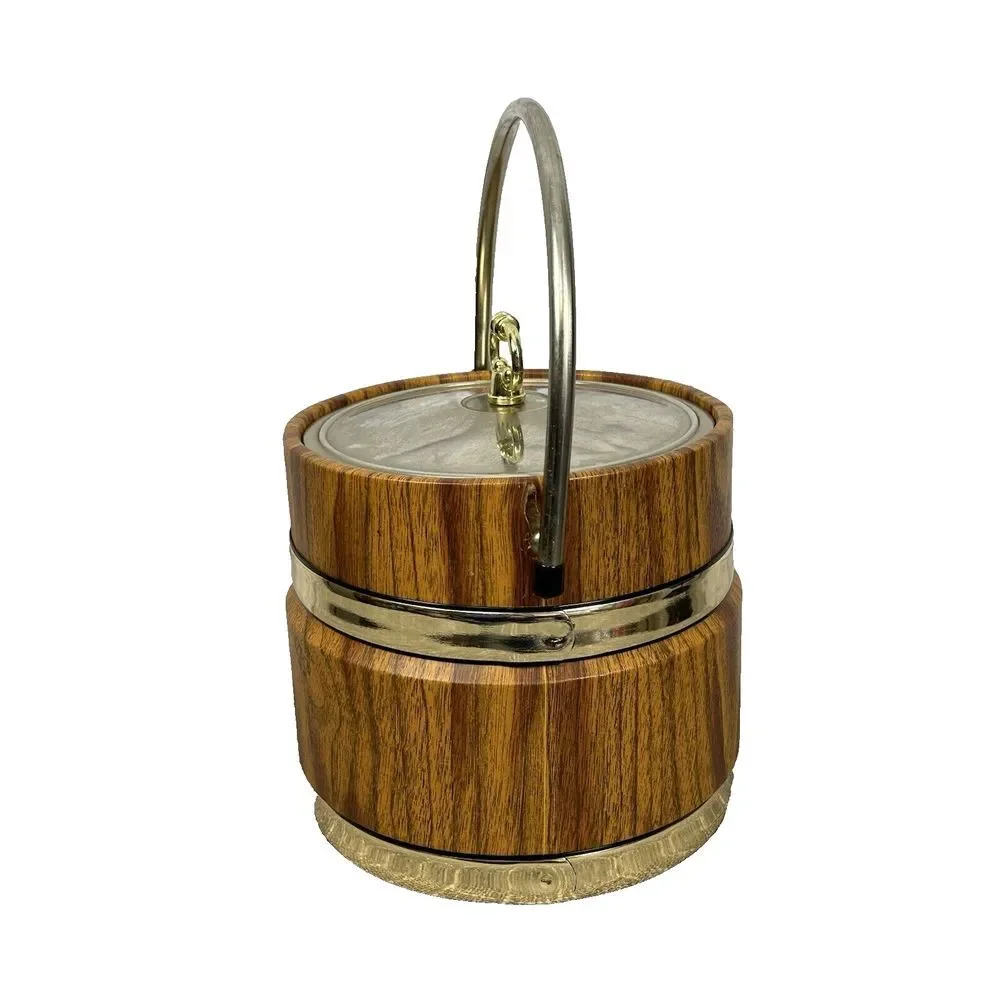 Vintage Ice Bucket‎ Faux Wood Insulated Barware Goldtone Banded Handle Pail